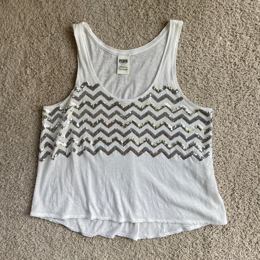 PINK Victoria's Secret Sequin Sparkle Silver Chevron Cropped Tank Size Small